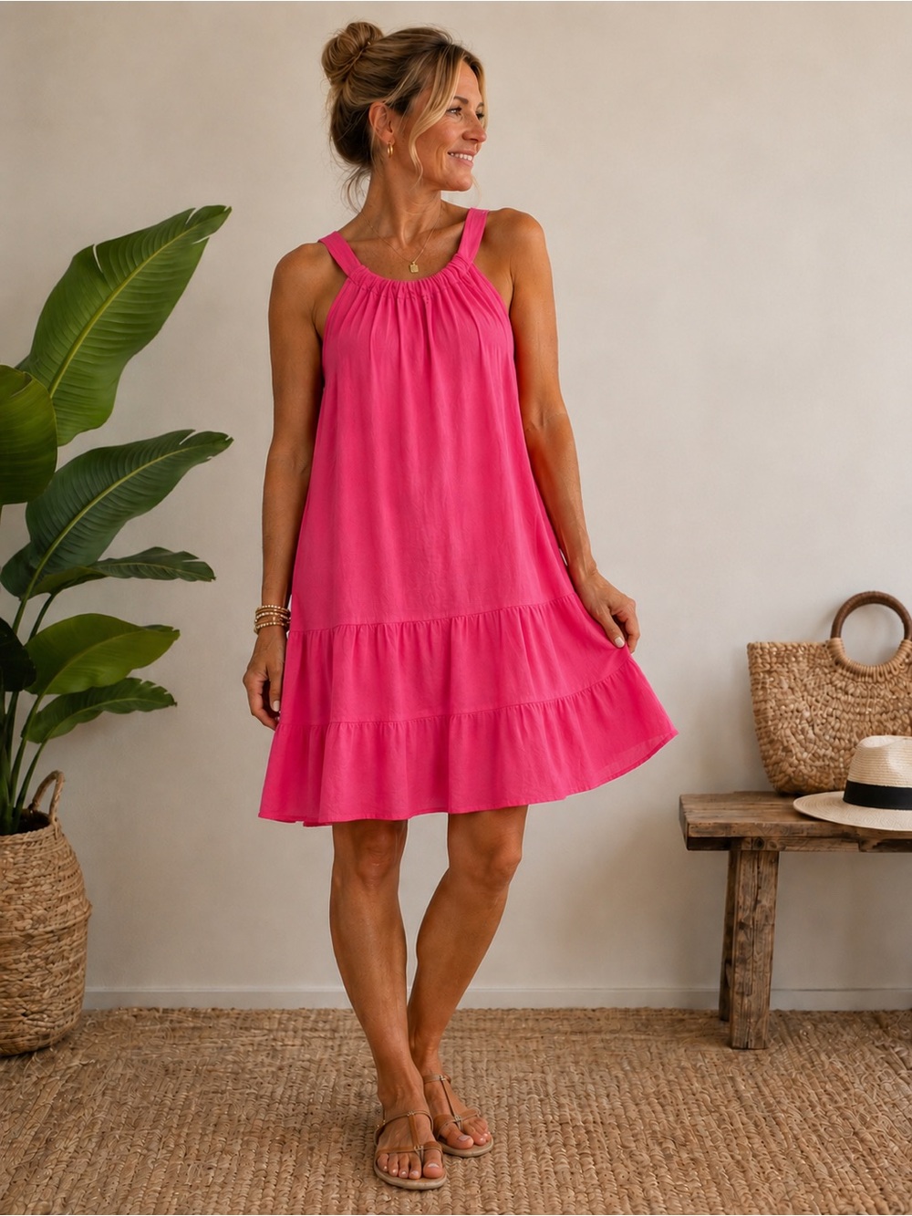 Bellambia Pink 100% Linen Tiered Dress M Italian Bow Back Lagenlook Boho Beach